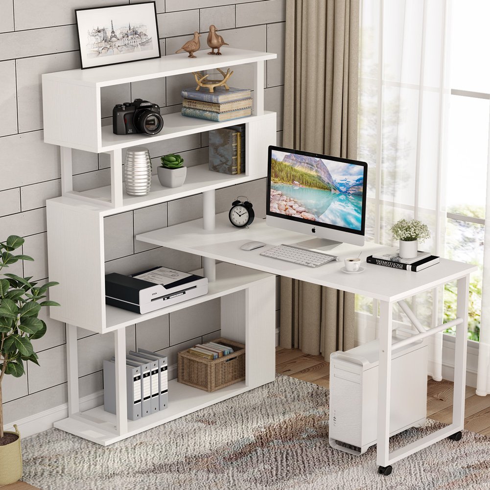 Tribesigns L-Shaped Rotating Computer Desk With 5 Shelves Modern Corner Storage