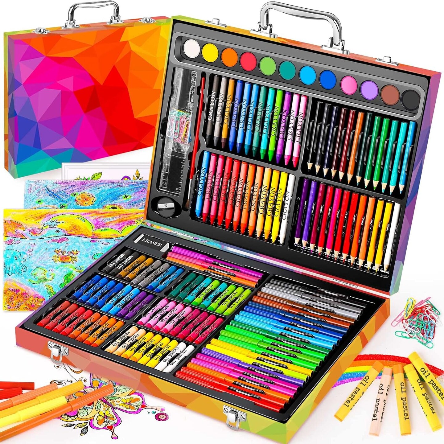 Arts and Crafts Supplies, 183-Pack Drawing Painting Set for Kids Girls Boys Teens, Coloring Art Kit Gift Case: Crayons, Oil Pastels, Watercolors Cake, Colored Pencils Markers, Sketch Paper