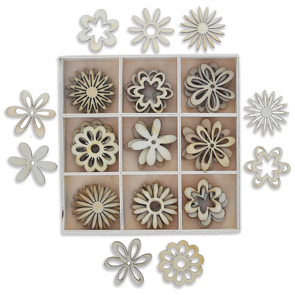 45 Miniature Flowers Unfinished Wooden Shapes Craft Cutouts DIY Unpainted 3D Plaques