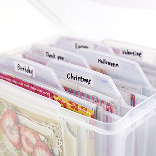 Greeting Card Storage & Organizer Box with 6 Coloful Removable Dividers for Holiday Birthday Get Well Cards Photos, Crafts, Scrapbooking(Clear)