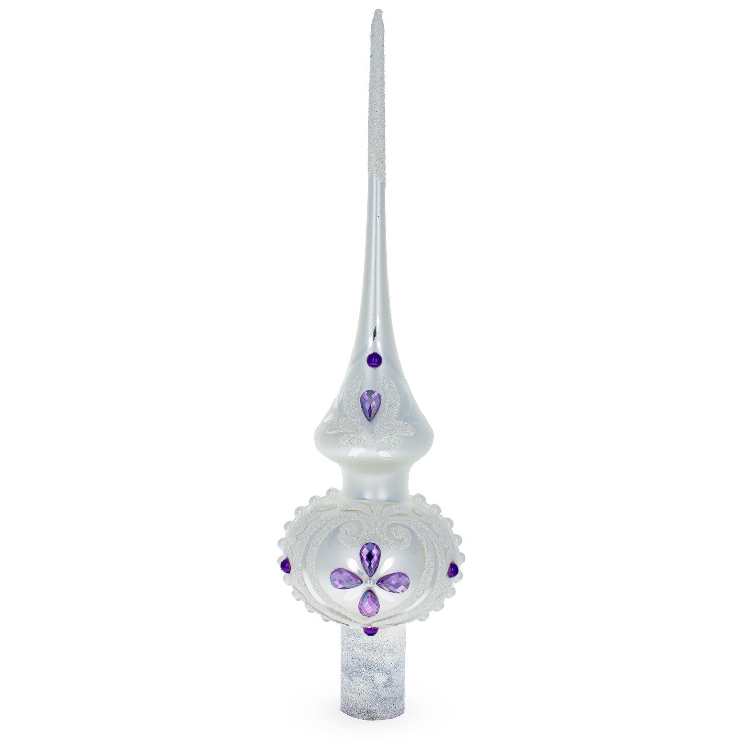 Dimensional Purple Jewel Stars and Pearls on White Artisan Hand Crafted Mouth Blown Glass Christmas Tree Topper 11 Inches