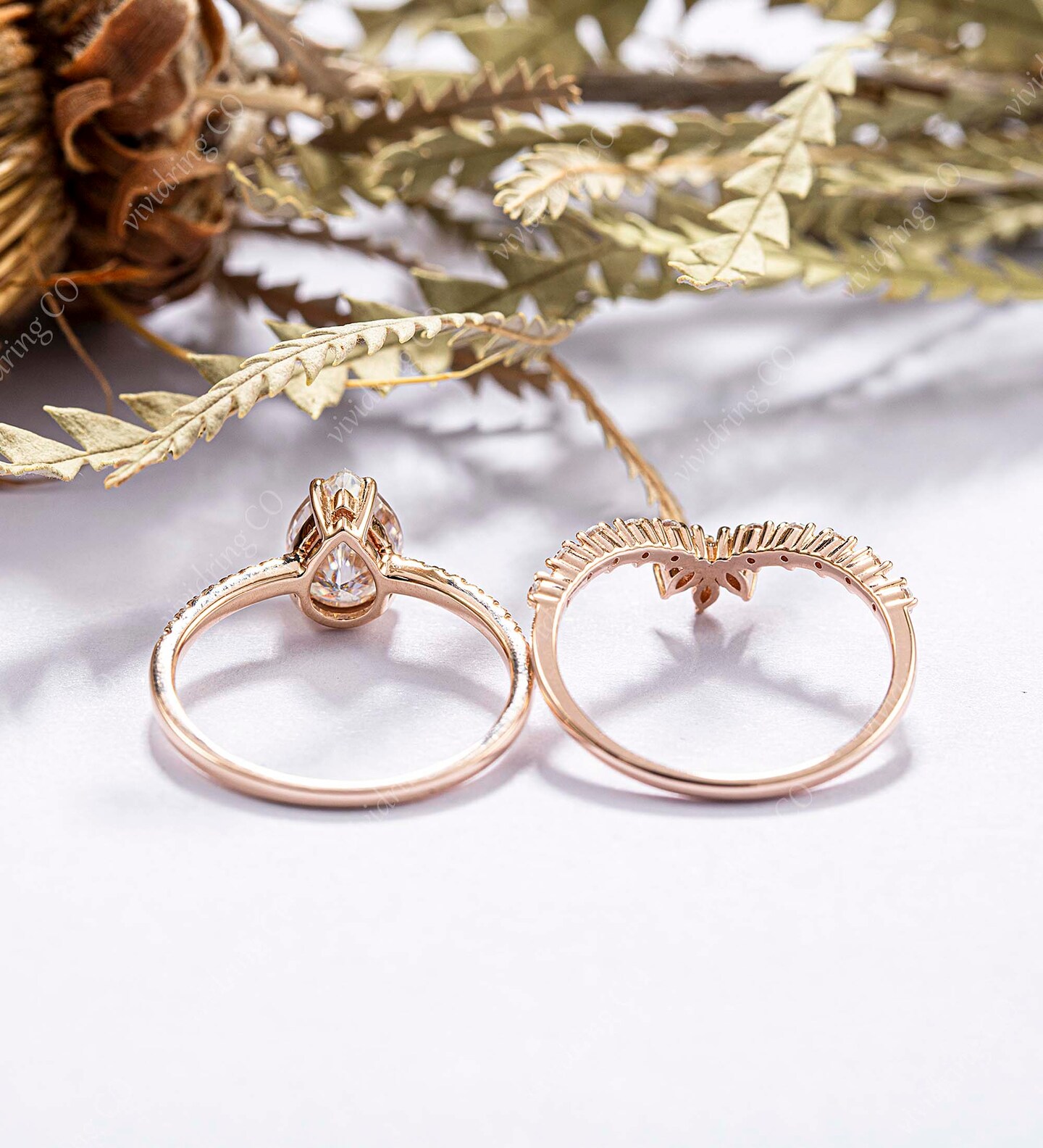 Moissanite engagement ring set, rose gold handmade bridal set, diamond wedding band, cubic zirconia wedding ring for women product 4
