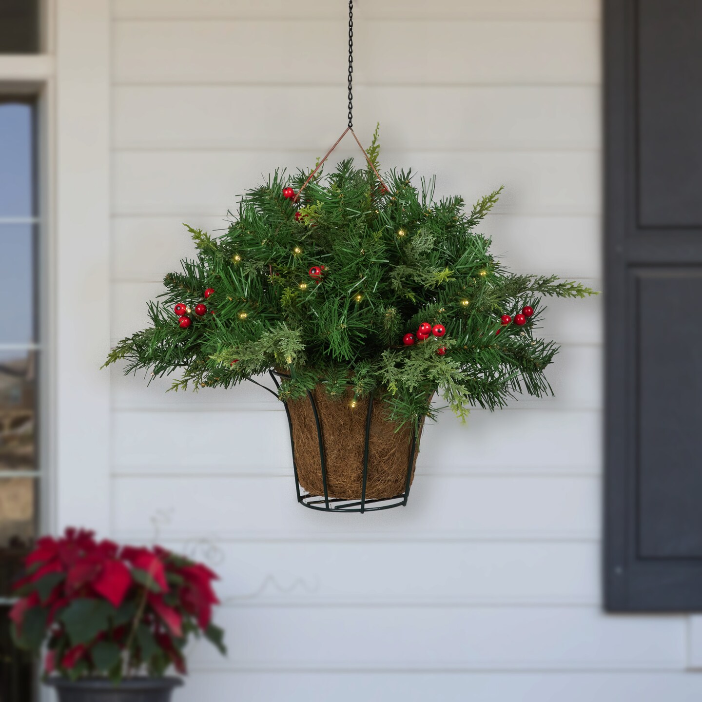 Northlight LED Lighted Red Berries and Mixed Pine Hanging Christmas Basket - 18"