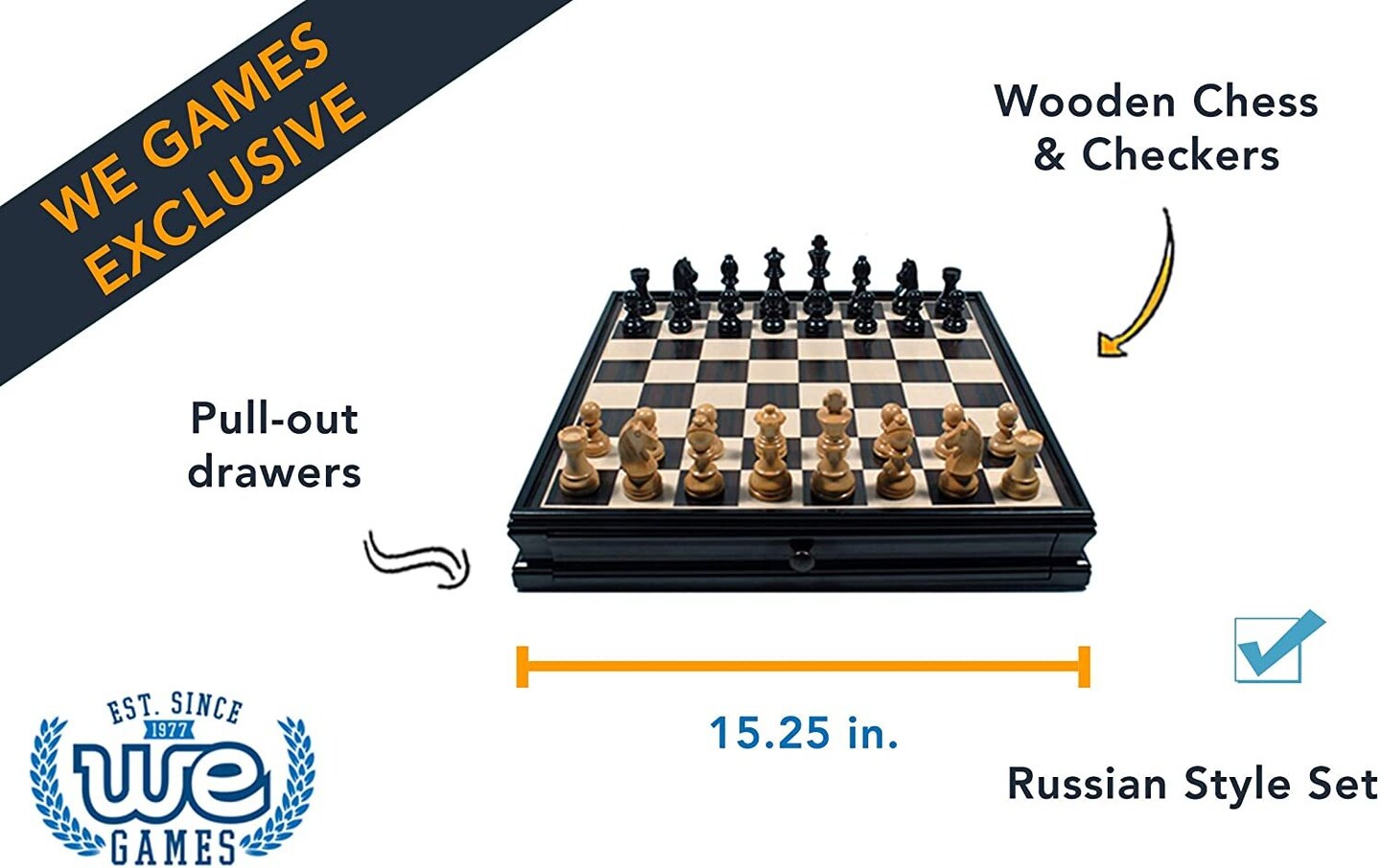 WE Games French Staunton Chess &#x26; Checkers Set - Weighted Pieces, Black Stained Wooden Board with Storage Drawers - 15 in.