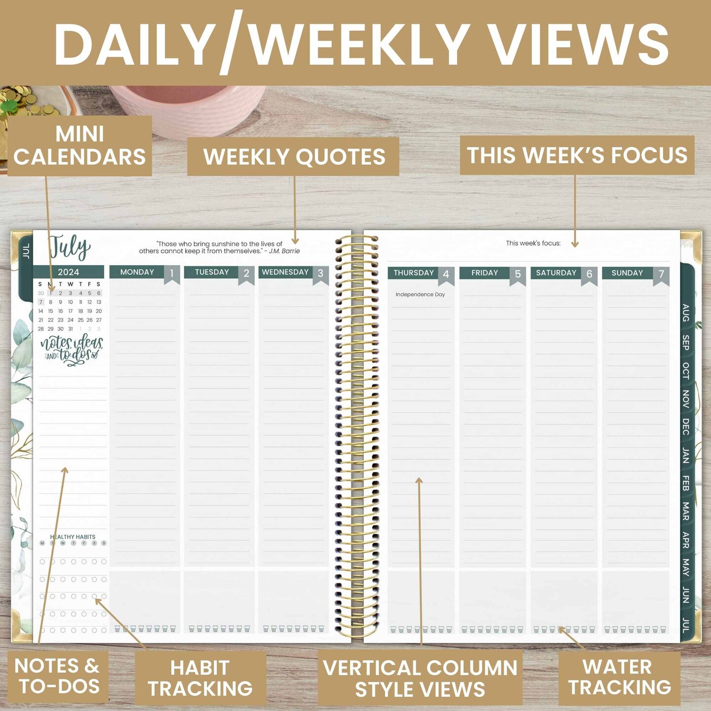 bloom daily planners 2024-25 Vision Planner, 7.5&#x22; x 9&#x22;, Eucalyptus, White