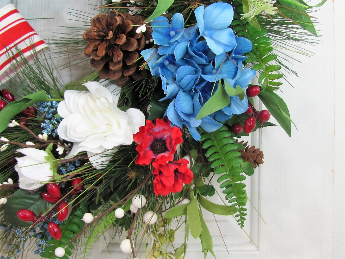 Americana, red white and blue, grapevine, floral cheapest wreath in farmhouse style, with rustic wooden USA cutout flag painted sign.