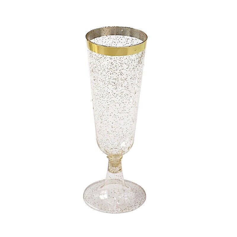 12 Clear 6 oz Glittered Plastic Champagne Glasses with Gold Trim for Events