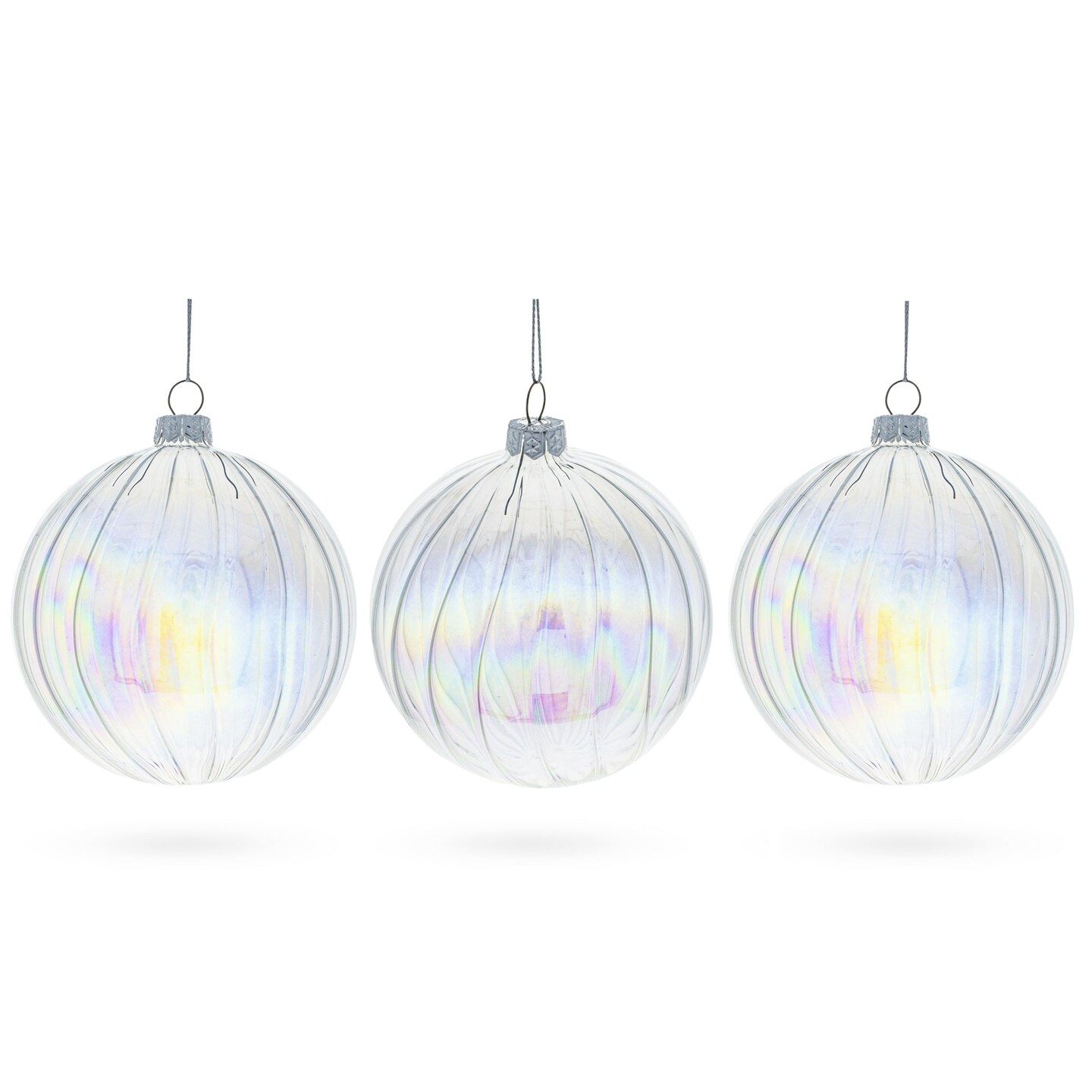 Set of 3 Iridescent Clear Blown Glass Ball Christmas Ornaments 3.6 Inches