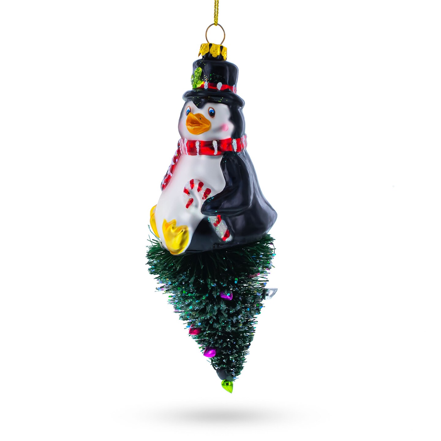 Penguin on Upside Down Tree Blown Glass Christmas Ornament