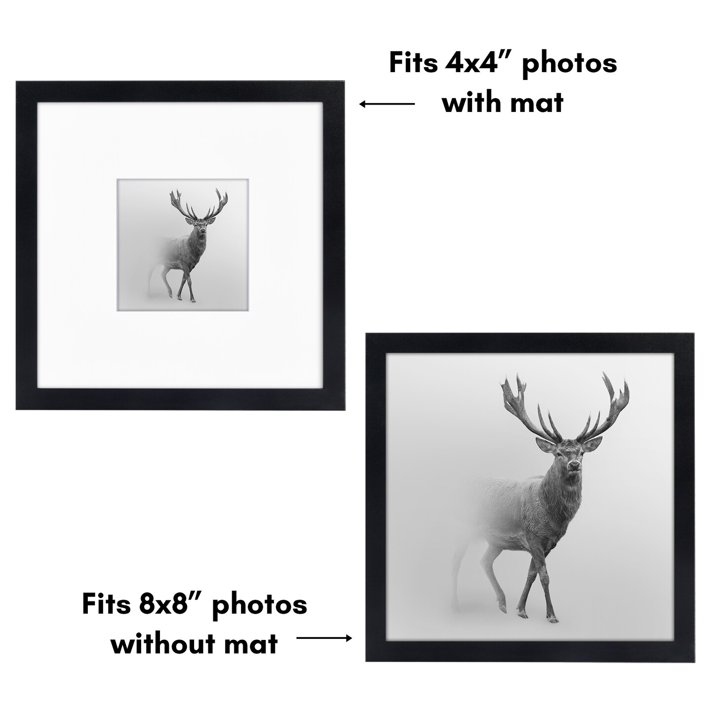 Americanflat 8x8 Square Picture Frames for Grid Gallery - Set of 6 and 9 - 4x4 with Mat or 8x8 without Mat - Square Grid Picture Frames - Shatter Resistant Glass - Hanging Hardware - Includes Easel - Black