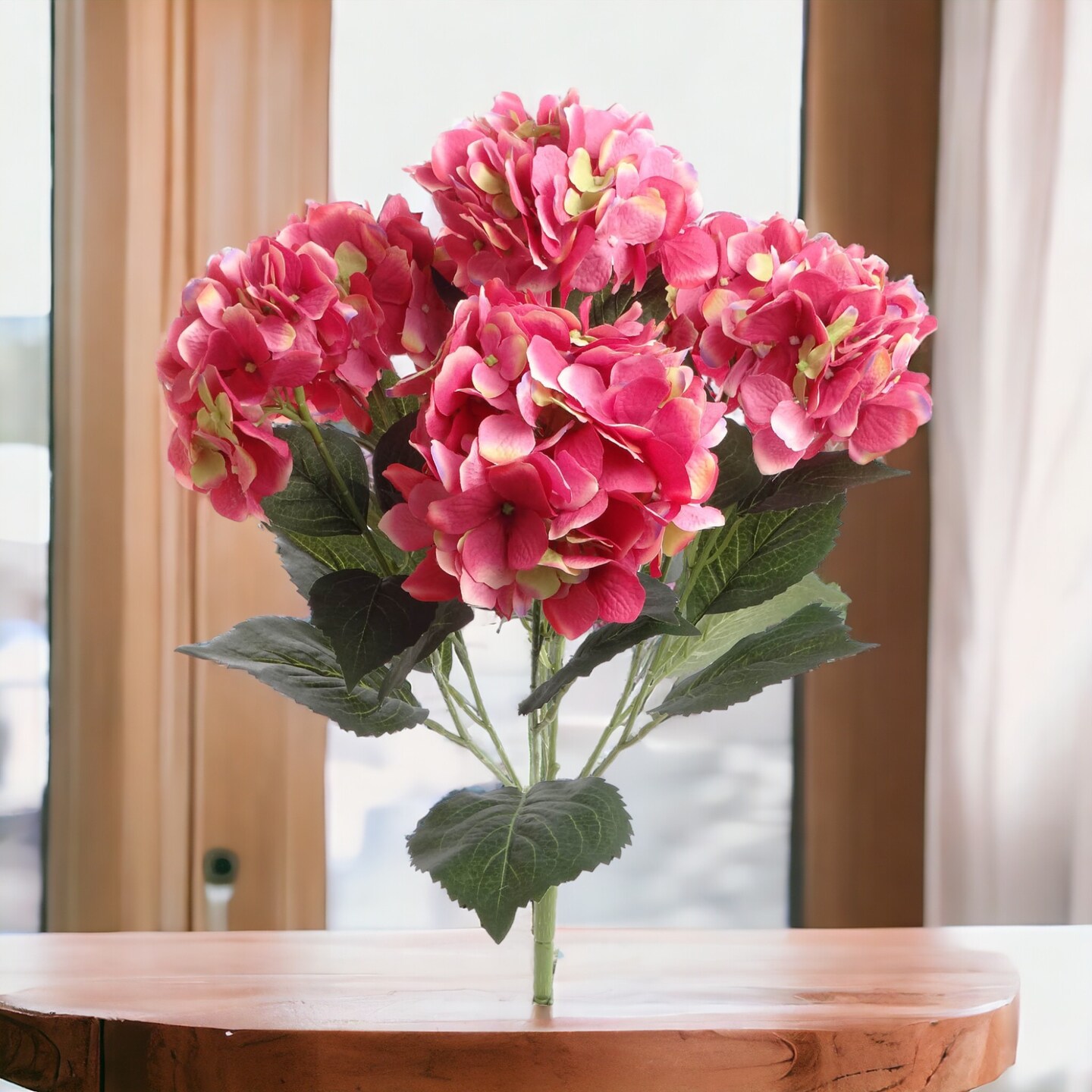 UV Fuchsia Hydrangea Bush with 7 Silk Flowers & Leaves by Floral Home®