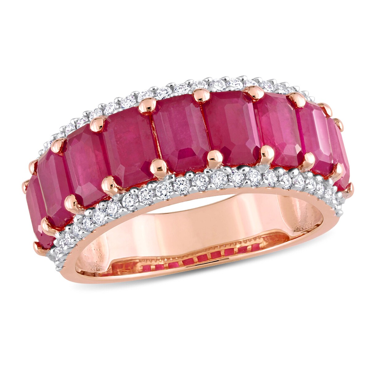 Gem And Harmony 3 1/3 Carat (ctw) Created Ruby Eternity Band Ring in 14K Rose Gold with Diamonds