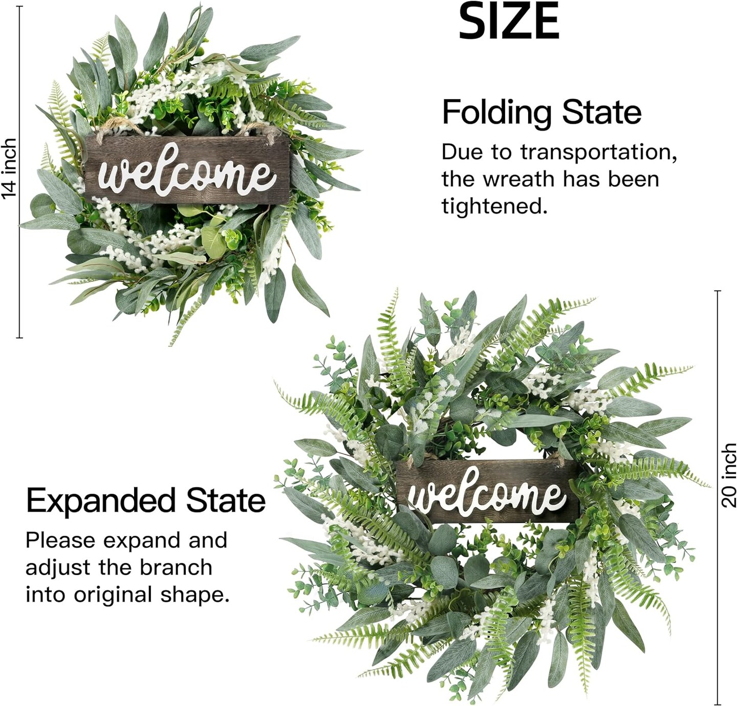 20" Eucalyptus Welcome Wreath: White Berries for Front Door & Farmhouse Decor