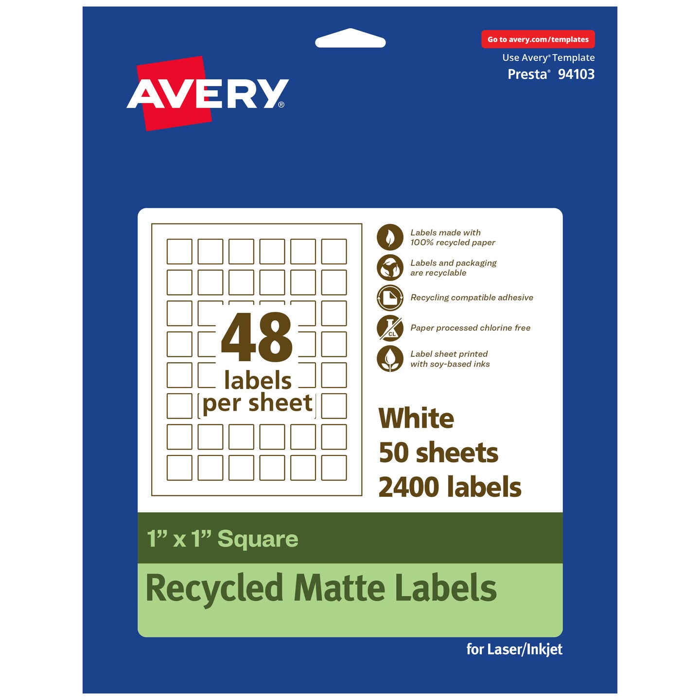 Avery Recycled Matte White Labels,  1&#x22; x 1&#x22; Square