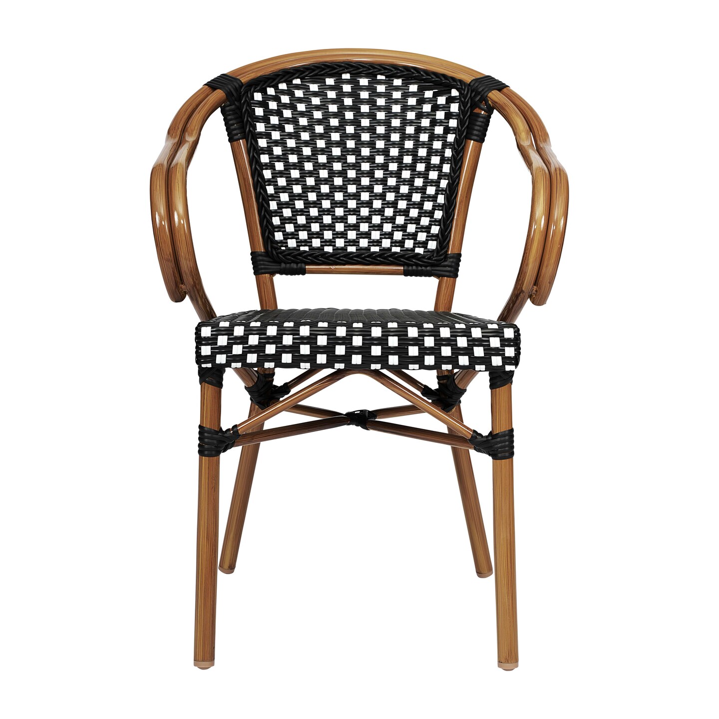 Merrick Lane Sacha Set of Four Stacking Thonet Bistro Style Chair with Arms, PE Rattan Seat, and Bamboo Metal Frame for Indoor/Outdoor Use