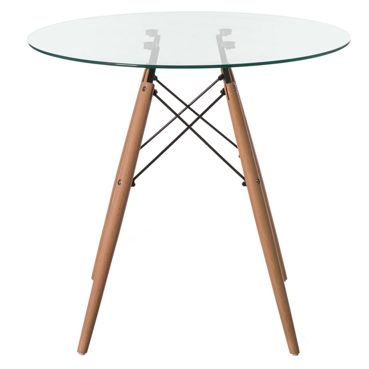 Fabulaxe Round Clear Glass Top Accent Dining Table with 4 Beech Solid Wood Legs Modern Space Saving Small Leisure Circle Desk