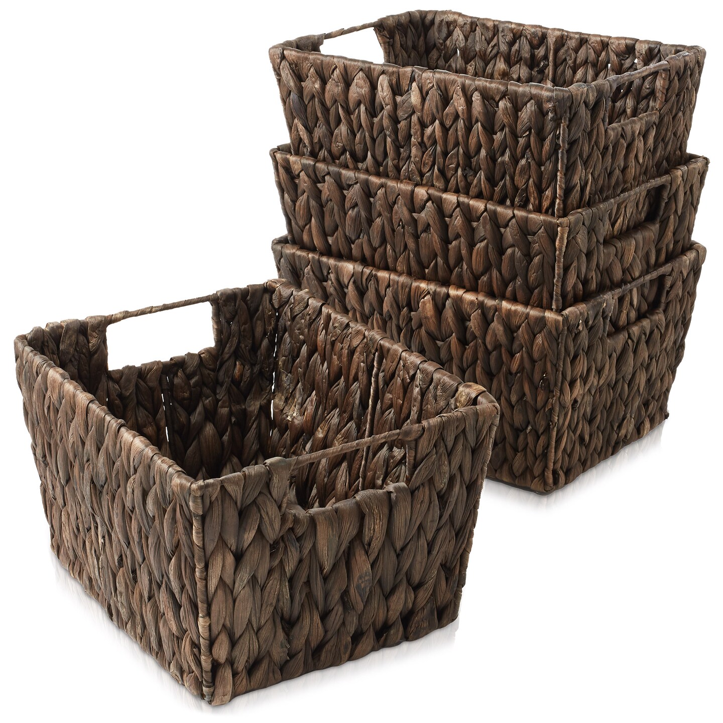 Casafield Set of 4 Water Hyacinth Storage Baskets with Handles, Woven Rectangular Storage Bins for Shelves, Blankets, Laundry Organization