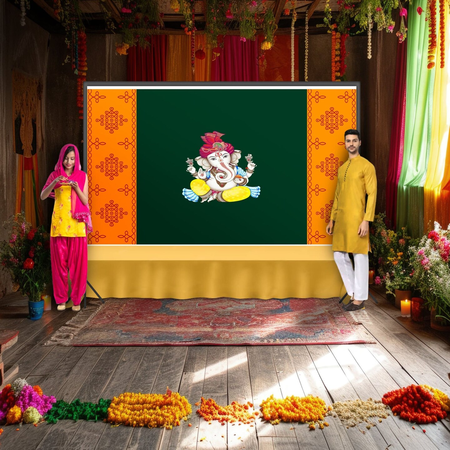 Ganesh with Kolam Design Backdrop 5x8 Feet Indian Traditional Cloth Ganesh Pooja Decor Indian Pooja Wall Decor Indian Wall Art Photo Decor Banner Decorative Pooja Cloth