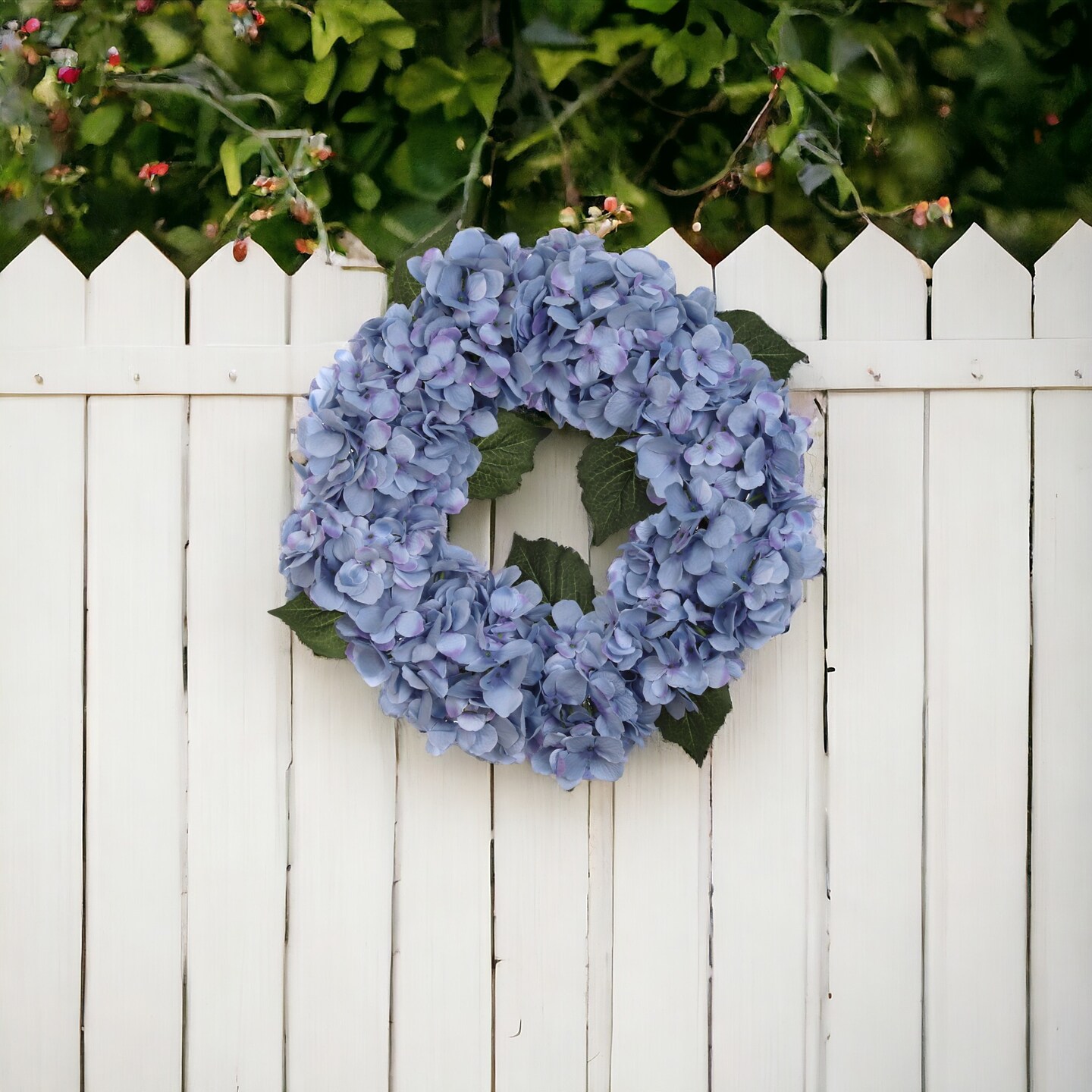 18" Blue Hydrangea Wreath with Lifelike Grapevine Ring by Floral Home®