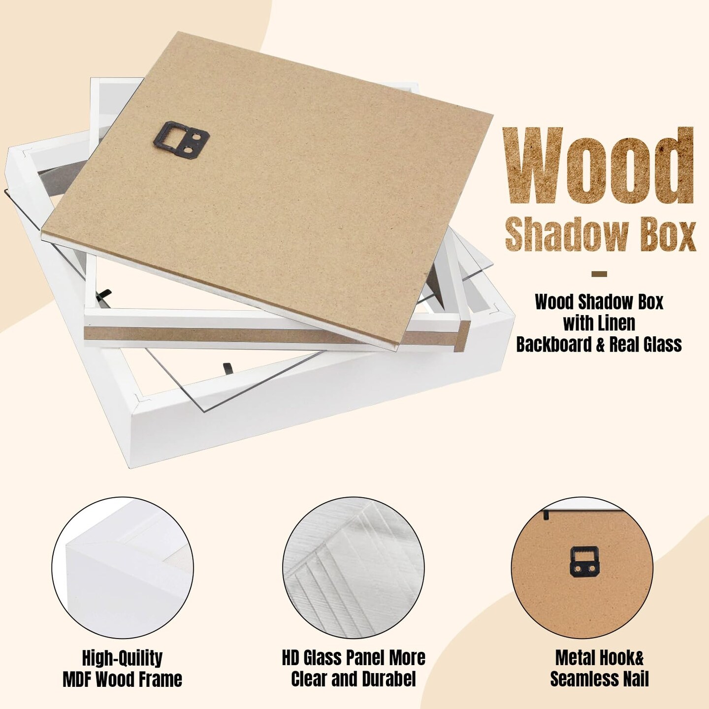 QDSSDECO 8"x8" Shadow Boxes Display Cases with Soft Linen Back Deep Wood Glass 3D Shadow Box Set for Wall and Tabletop, 3 Pack White