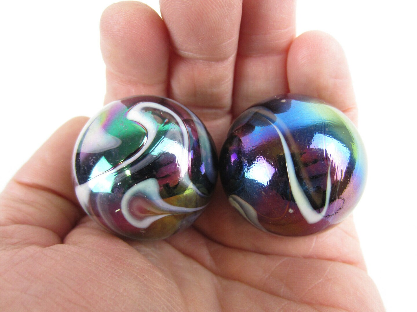 2 Boulders35mm MILKY WAY Marbles glass ball oil slick large huge Swirl