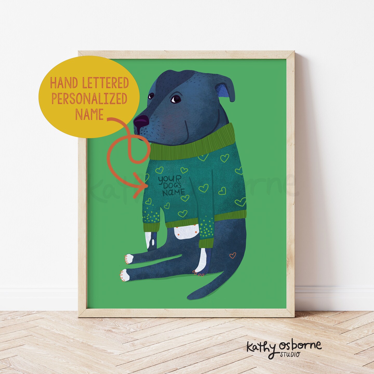 Personalized Art Print: Pitbull in a Pibble Green Sweater