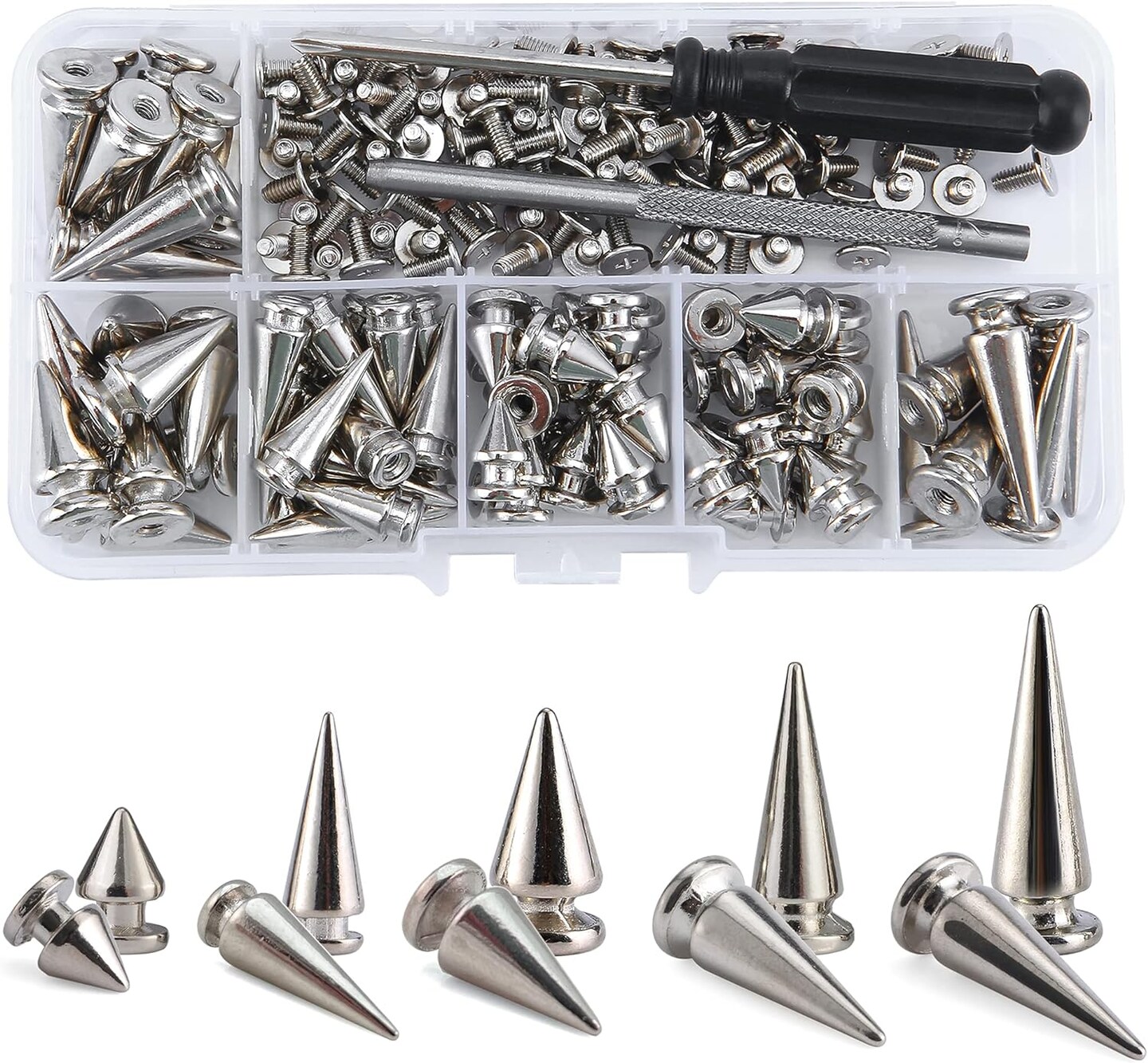 70 Sets Mixed Shape Spikes and Studs Assorted Sizes Spike Studs for Clothing Silver Color Screw Back Bullet Tree Studs and Spikes Rivet for Leather Craft Clothing Shoes Belts Bags Dog Collars