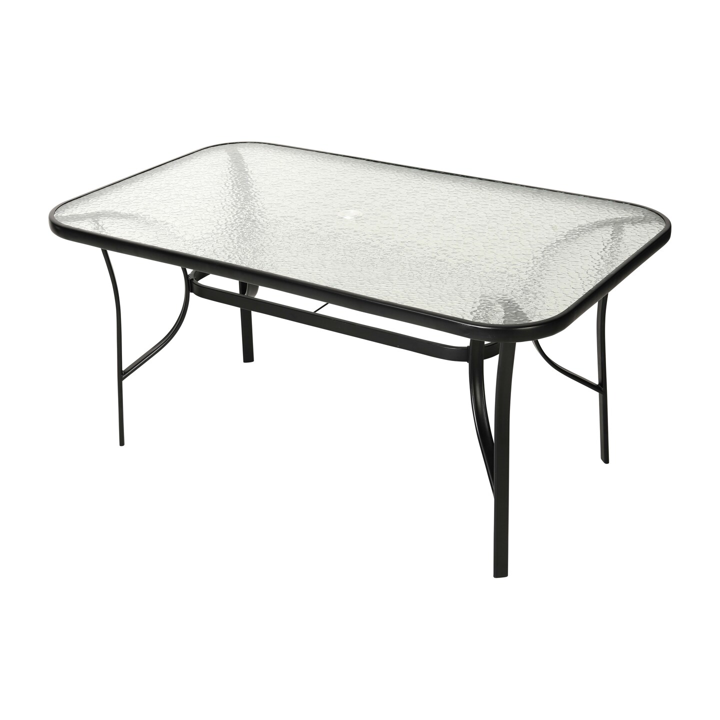 Emma and Oliver Tala Rectangular Tempered Glass Top Patio Table with Umbrella Hole and Black Steel Tube Frame