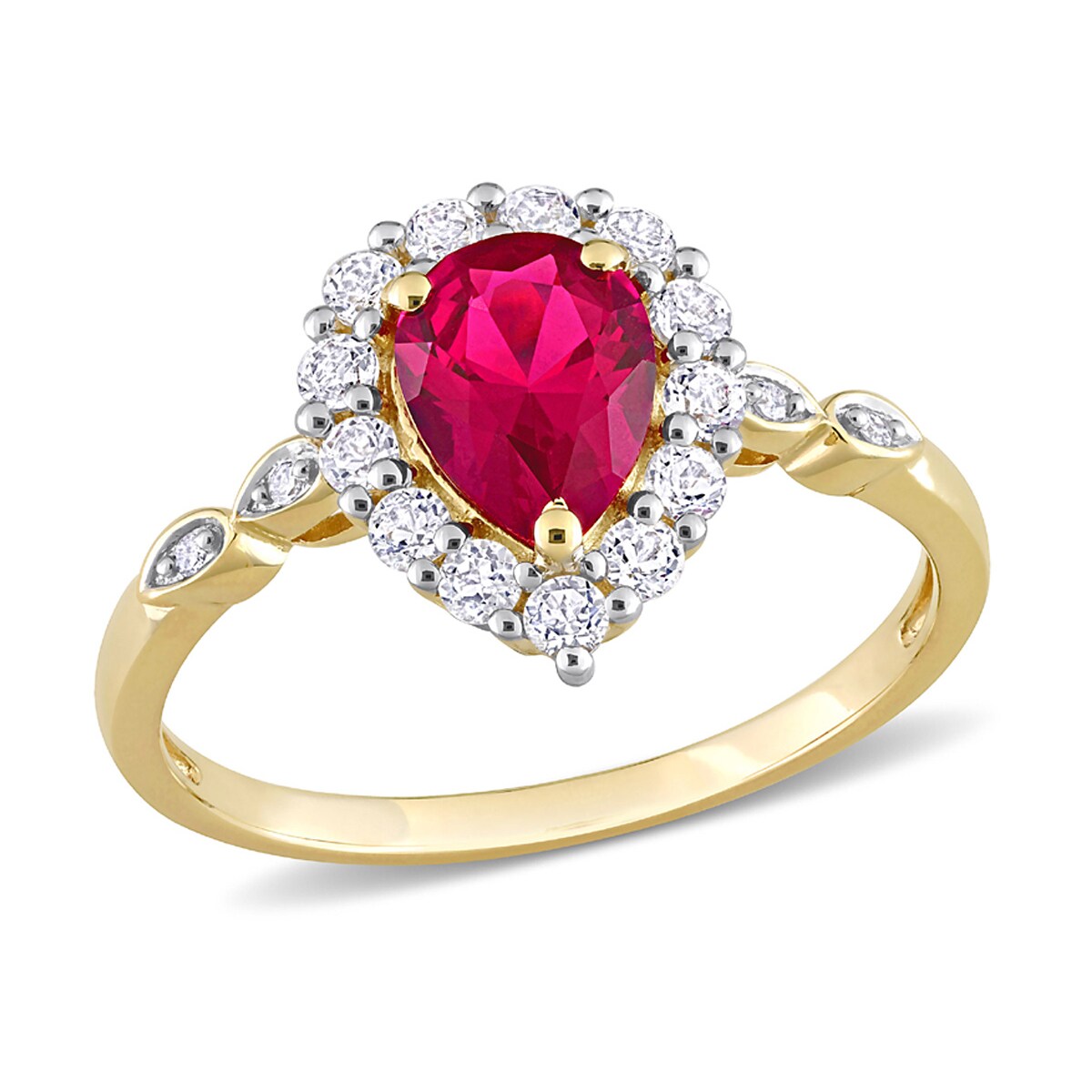 Gem And Harmony 2.38 Carat (ctw) Lab-Created Ruby Pear Engagement Ring with White Topaz in 10K Yellow Gold