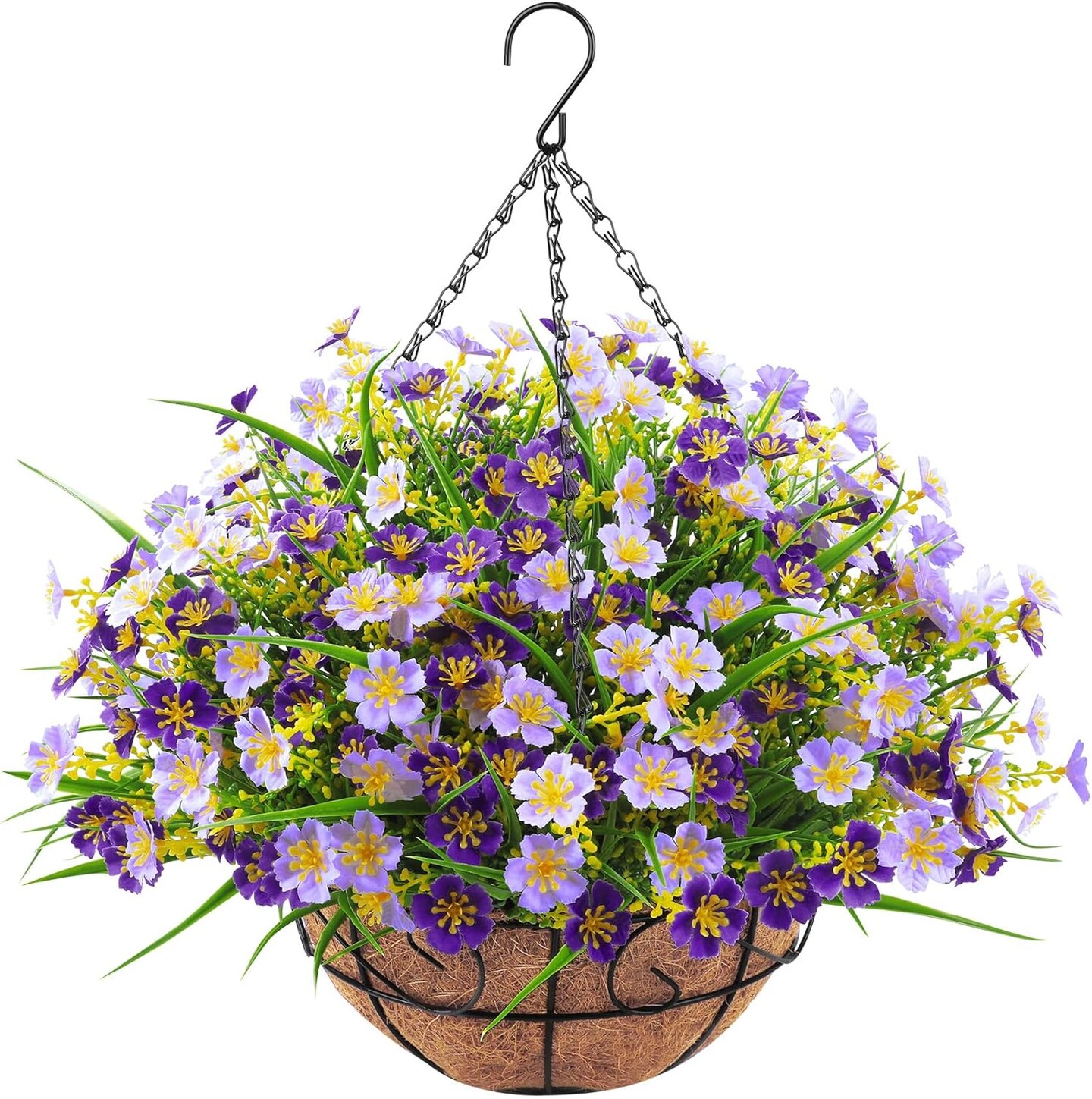 Everlasting Spring Charm: Artificial Hanging Flowers with Coconut-Lined Basket