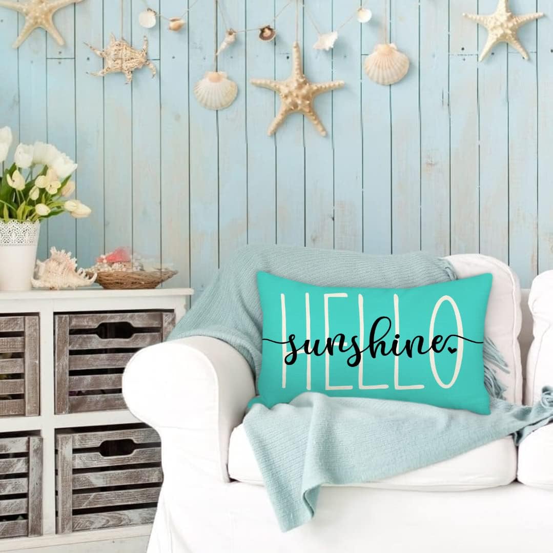 Farmhouse Lumbar Pillow Cover: Hello Sunshine Decor - 12x20 Inches