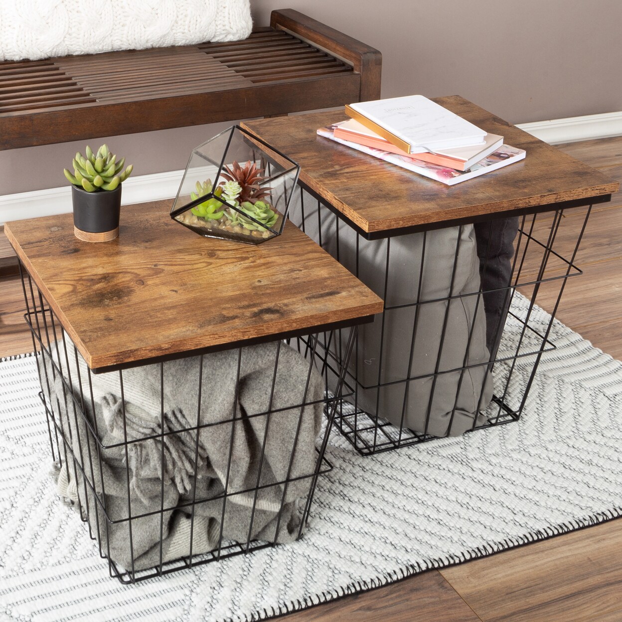 Nesting End Tables Set With Storage Black Metal Wire Basket Wood Tops