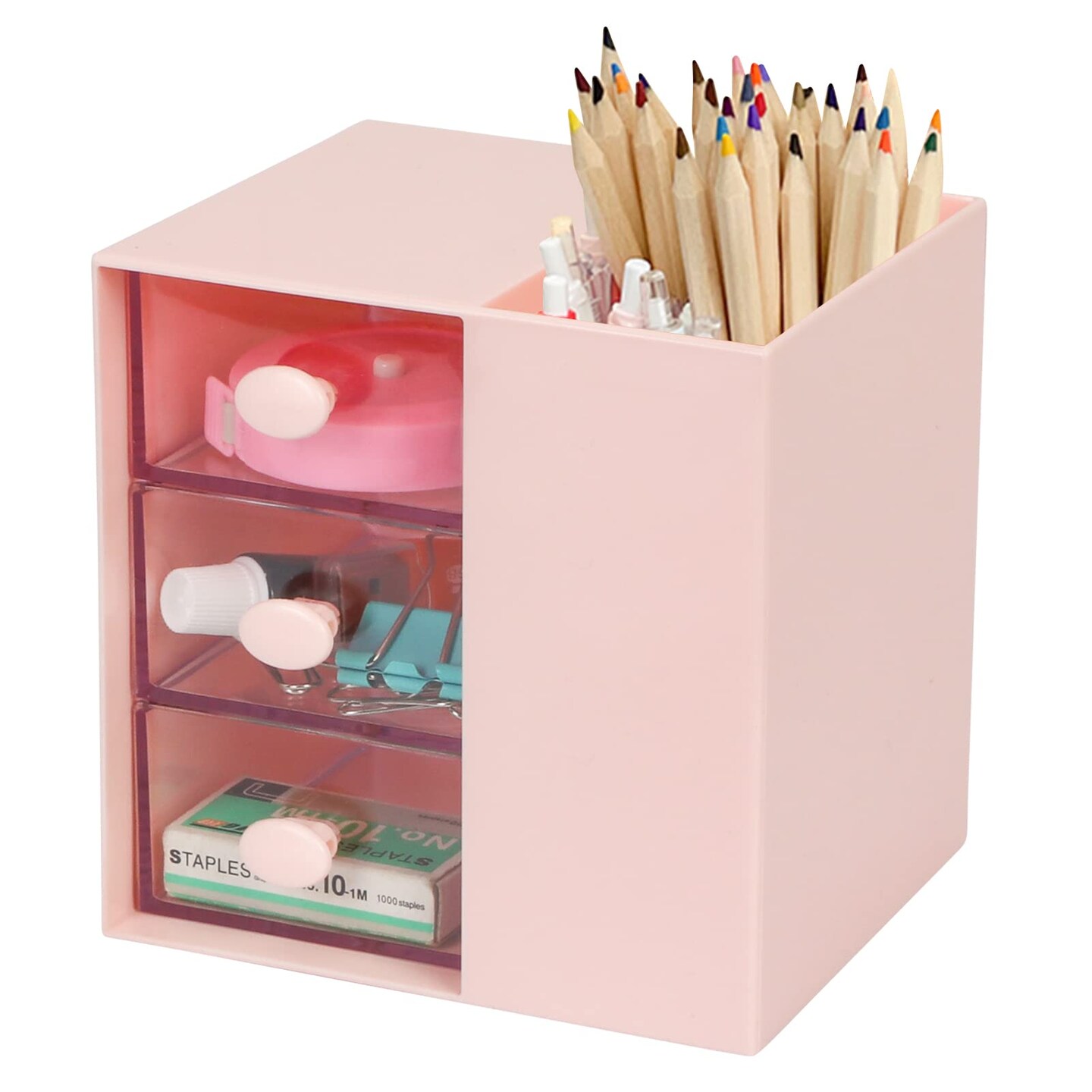 Desk Pencil Pen Holder, Office Desk Organizers Desktop Storage Pen Organizers with 3 Independent Drawers Stationery Supplies for Office,School,Home,Pink