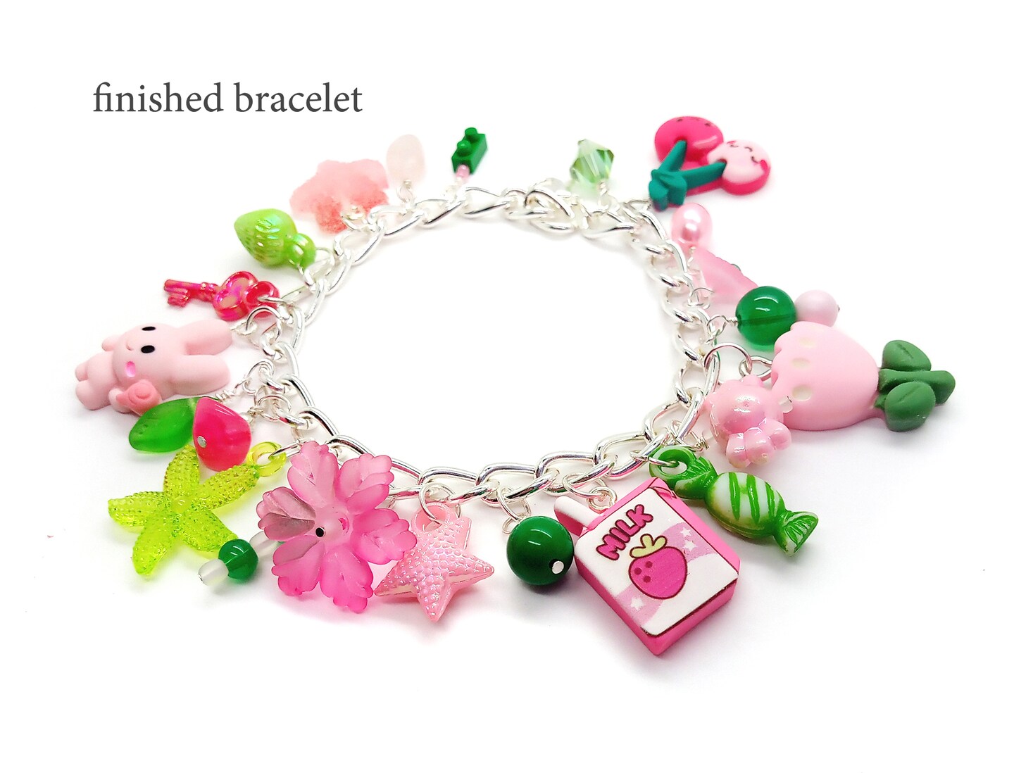 Chunky Charm Bracelet Kit, Easy Cute Jewelry in Pink &#x26; Green, Adorabilities
