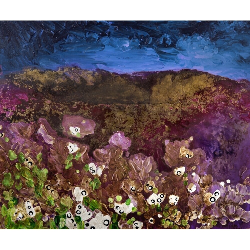 Painting Of Landscape With Storm Clouds Over A Mountain And Flowers Poster Print