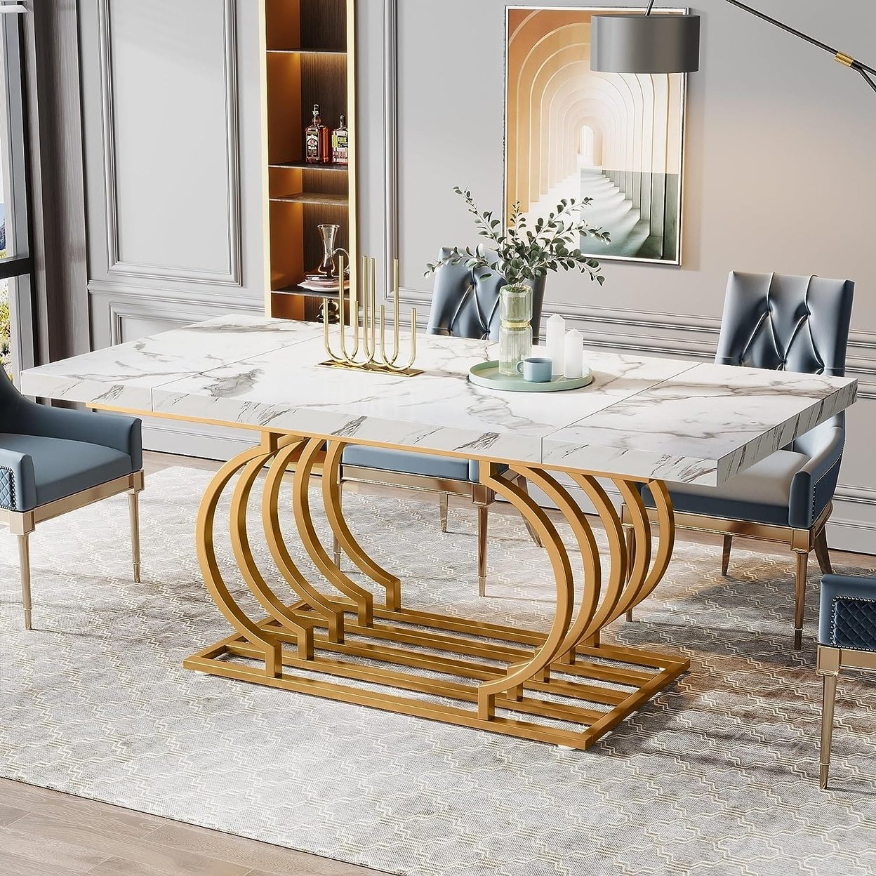 Tribesigns   Modern Dining Table 63 inch Faux Marble Wood Kitchen Table for 6-8 People