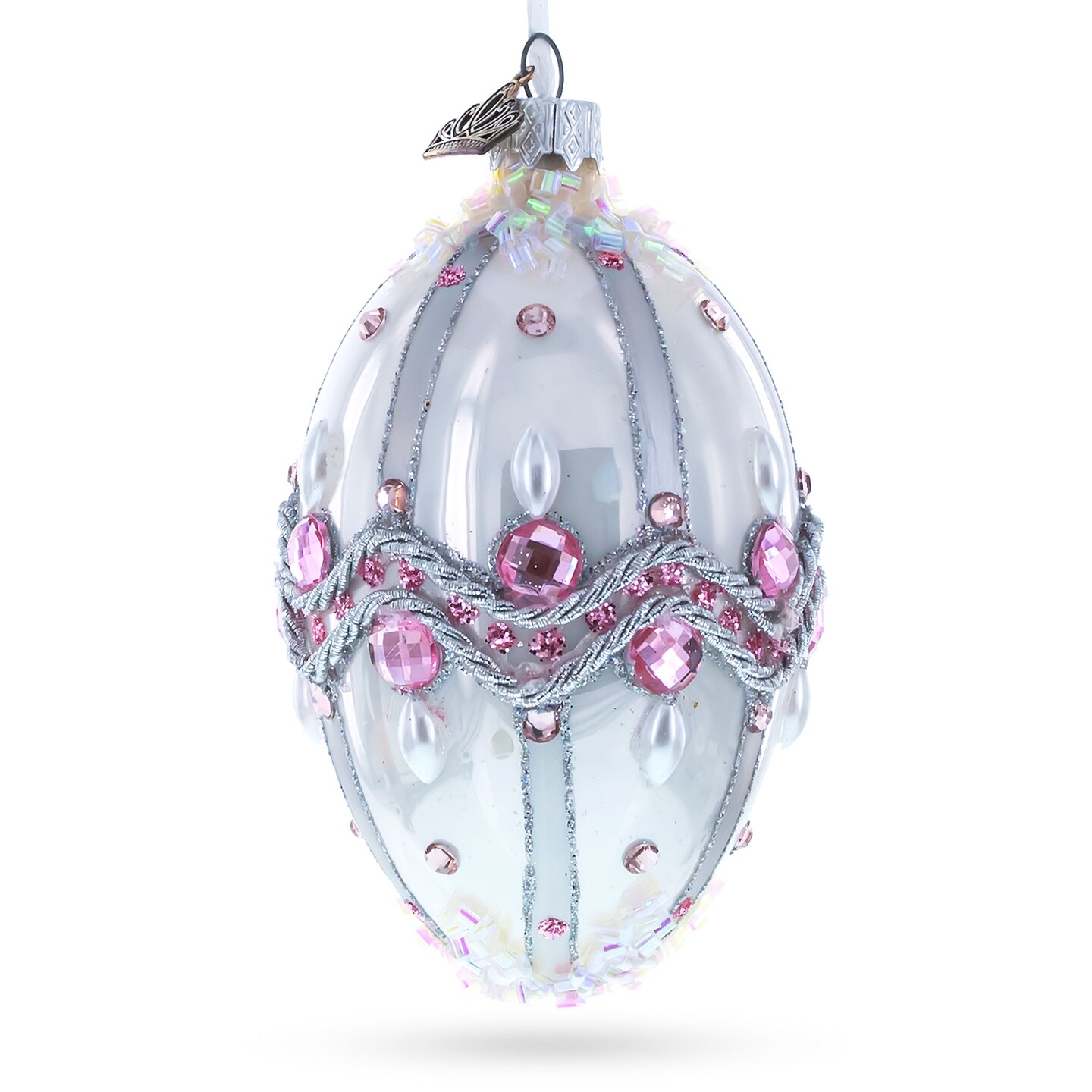 Pink Jewels on Striped Glass Egg Ornament 4 Inches