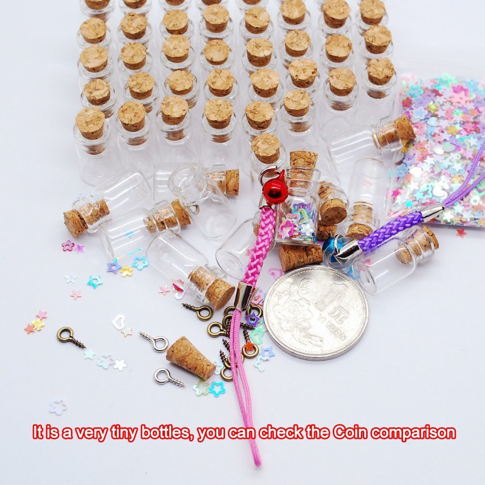 50 Pieces 0.5ml-extra Mini Tiny Clear Glass Jars Bottles with 50pcs Cork Stoppers and 50pcs Eye Screws, Glass Bottles for Decoration, Arts & Crafts, Projects, Party Favors