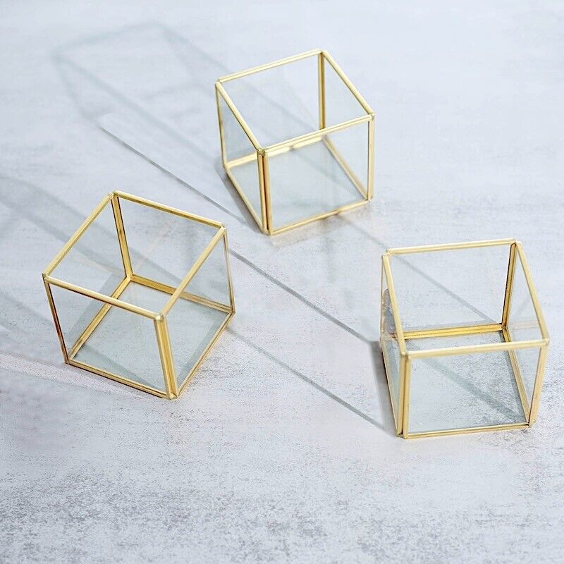3 Gold Clear Glass Metal Frame CANDLE HOLDERS