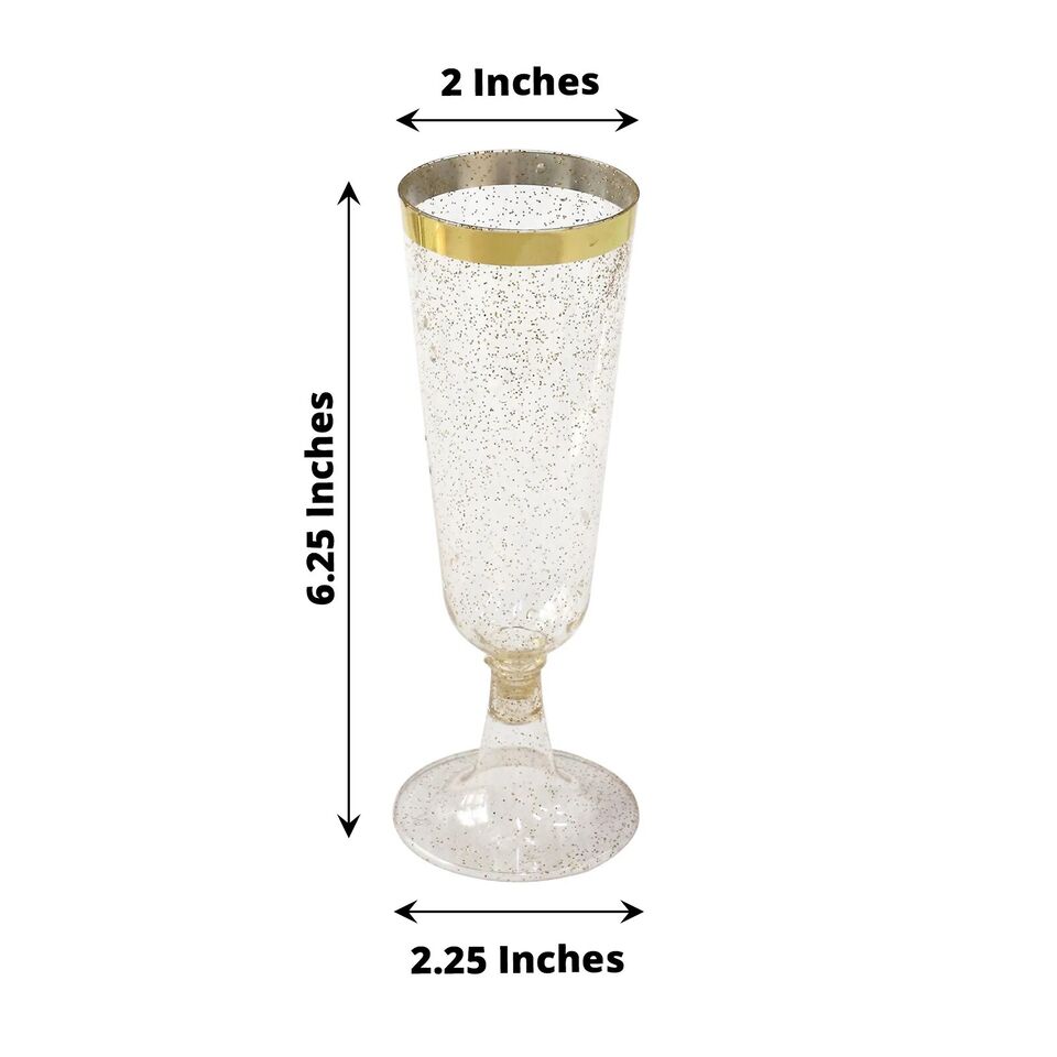 12 Clear 6 oz Glittered Plastic Champagne Glasses with Gold Trim for Events