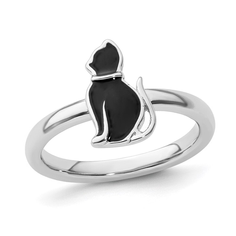 Gem And Harmony Sterling Silver Black Enameled Cat Ring