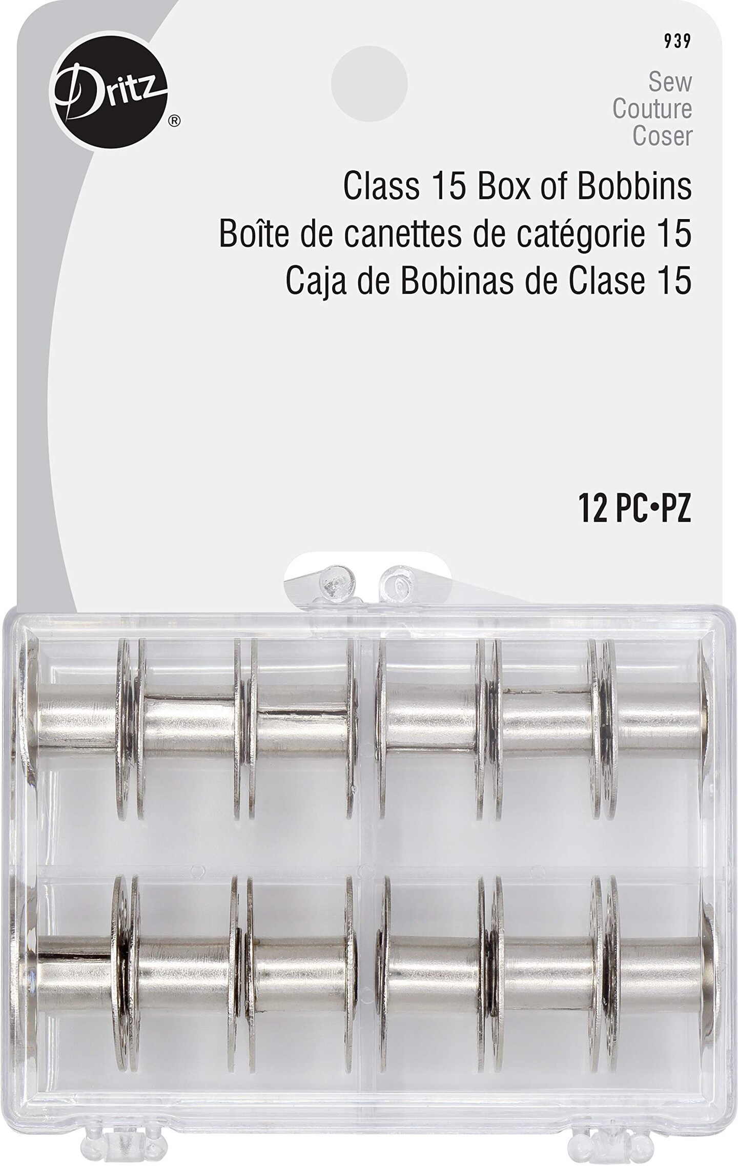 939 Bobbins, Class 15, Metal, Includes Reusable Storage Box, (12-Count), Silver