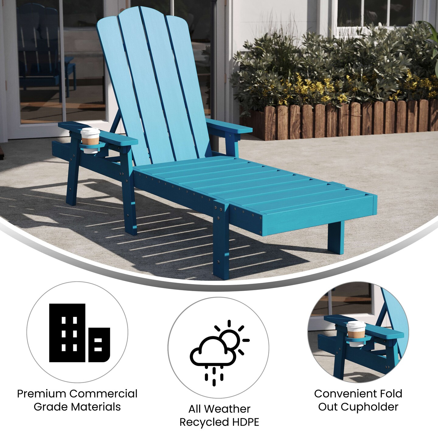Merrick Lane Solvang Indoor/Outdoor Adjustable Adirondack Lounger with Fold Out Cupholder- Recycled All-Weather Indoor/Outdoor HDPE Lounge Chair