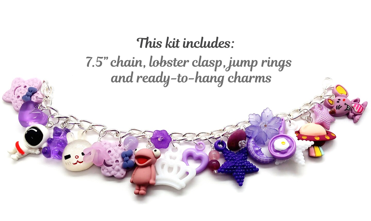 Easy Charm Bracelet Kit, Cute Chunky Charms in Purple, up to 7.5&#x22;, Adorabilities