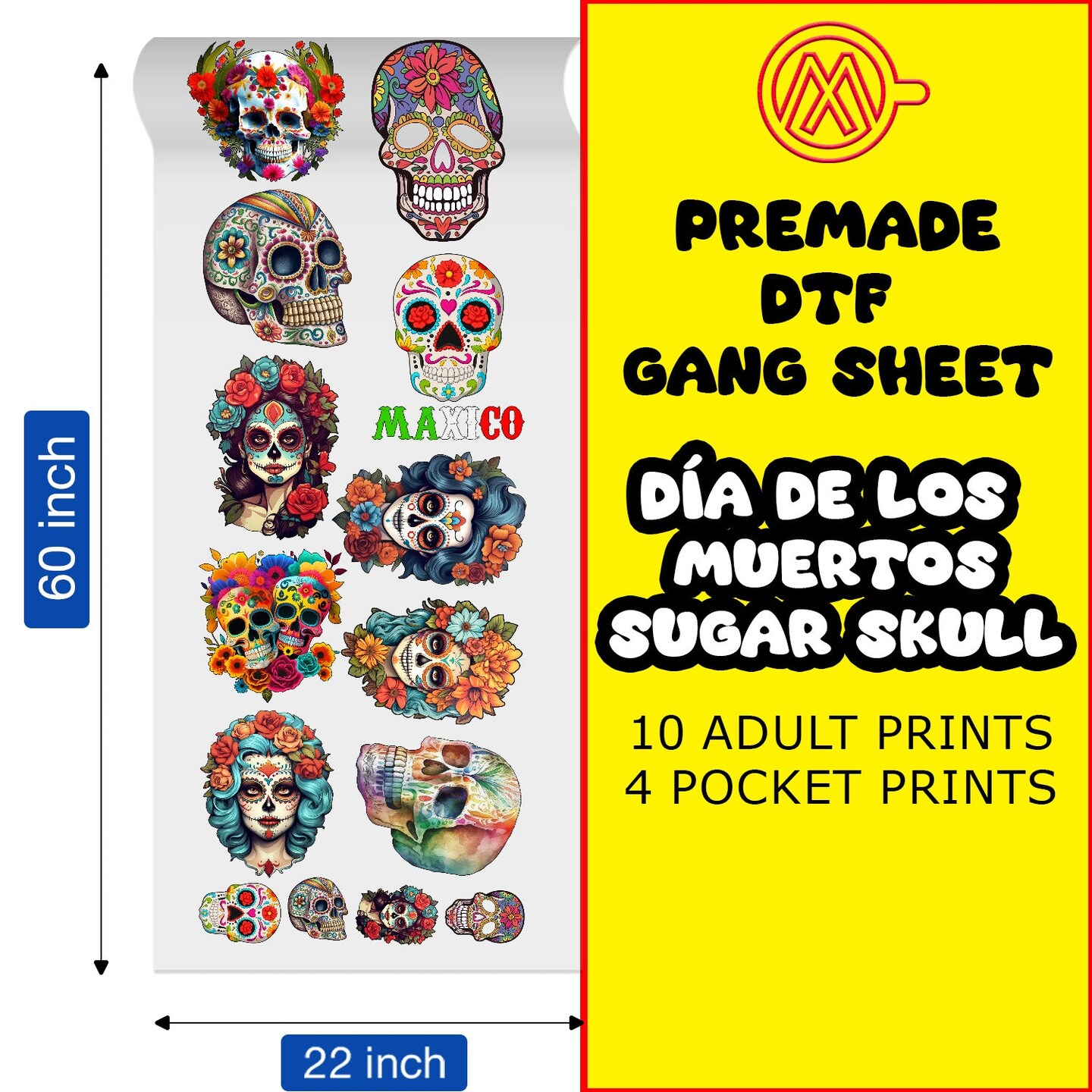 Day of the Dead (Día de Muertos) Sugar Skull: Direct-to-Film Transfer Gang Sheets - 22x60