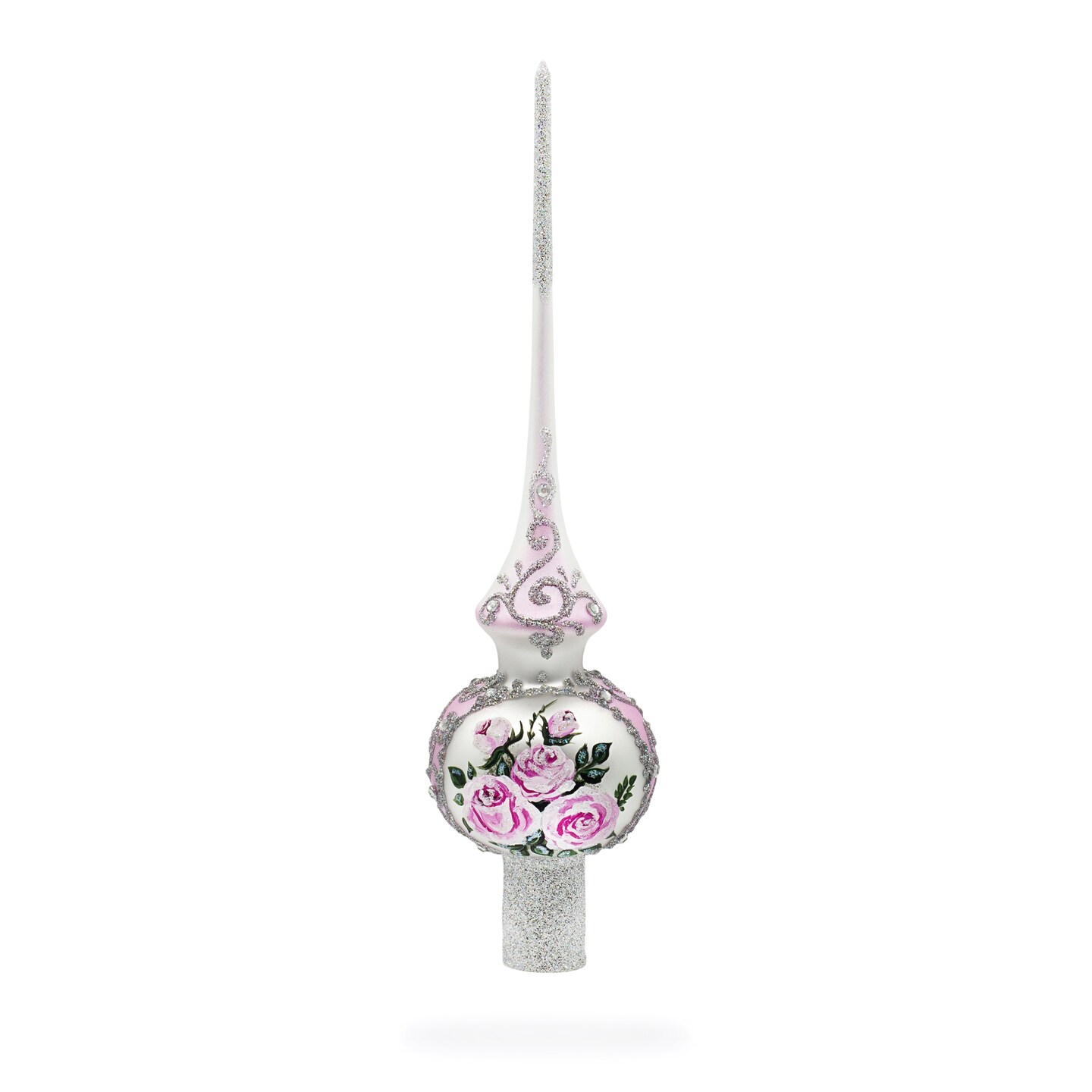 White Daisies On Blue Mouth Blown Glass Christmas Tree Topper 11 Inches