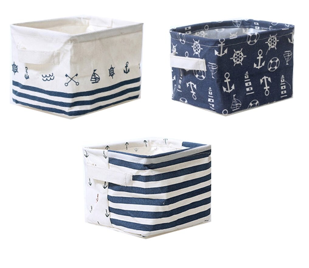 3 Pieces Nautical Fabric Storage Baskets Bins Cloth Collapsible Organizers Box Beach Anchor Nursery Toys Basket Shelves &#x26; Desks