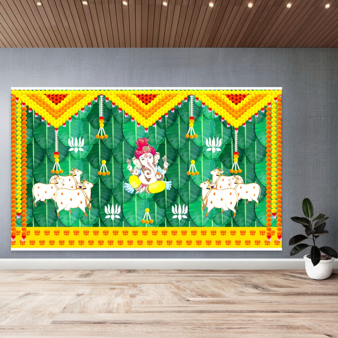 Ganesh and Cow Backdrop 5x8 Feet Indian Traditional Cloth Backdrop Pooja Wall Decor Indian Wall Art Photo Decor Banner Indian Ganesh Pooja Decor Decorative Pooja Cloth