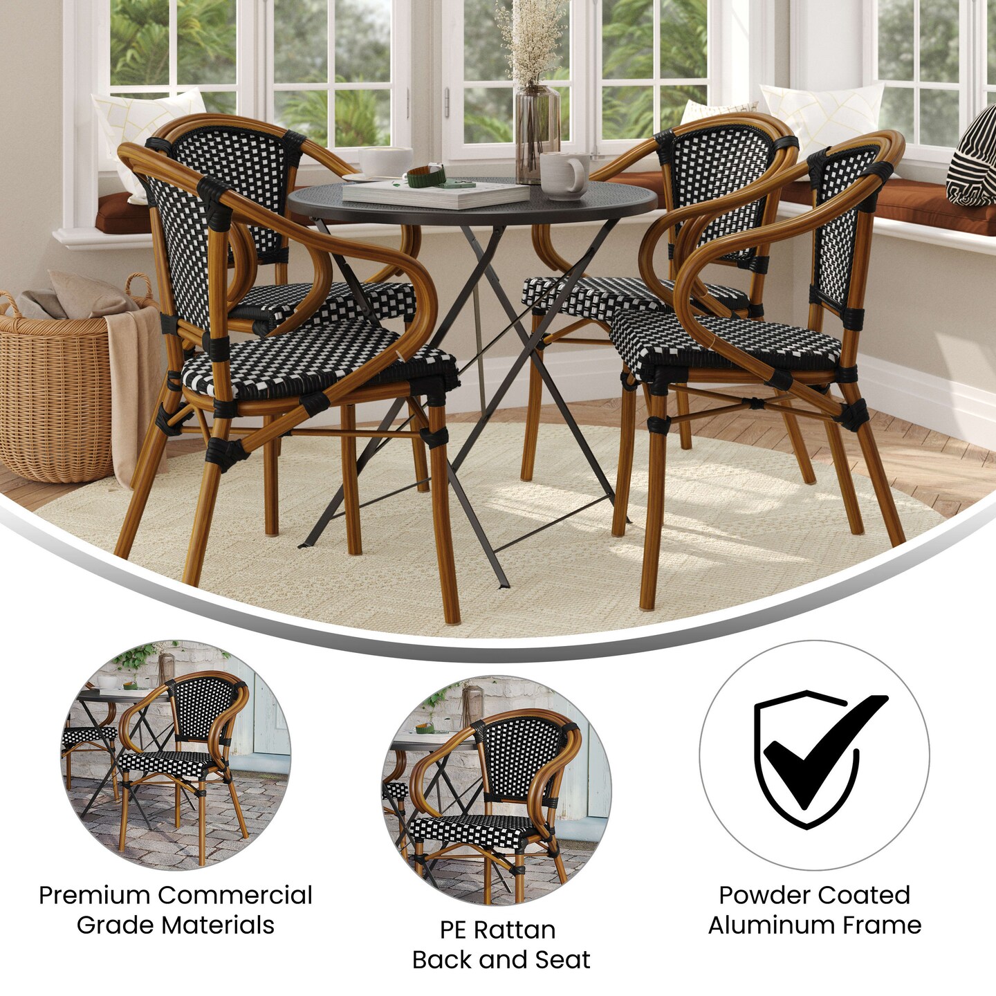Merrick Lane Sacha Set of Four Stacking Thonet Bistro Style Chair with Arms, PE Rattan Seat, and Bamboo Metal Frame for Indoor/Outdoor Use