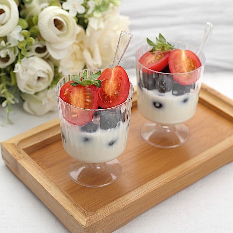 24 Clear 5 oz Disposable Ribbed Round Plastic Dessert CUPS Spoon